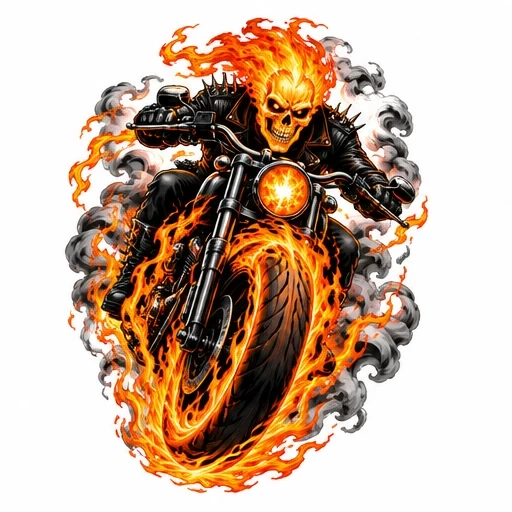 Skeleton with flaming skull riding a motorcycle engulfed in bright orange flames and smoke.