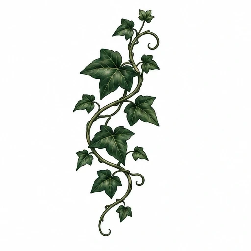 Tattoo design of a twisting ivy vine with detailed green leaves on a white background