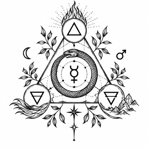 Black line art of a triangle containing elemental alchemy symbols, a circular ouroboros snake, botanical leaves, and mystical flames and waves.