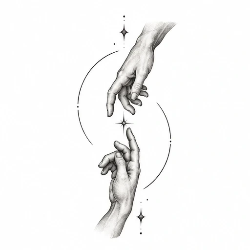 Fine-line tattoo design of two detailed hands reaching to touch, surrounded by minimalist celestial stars and curved lines.