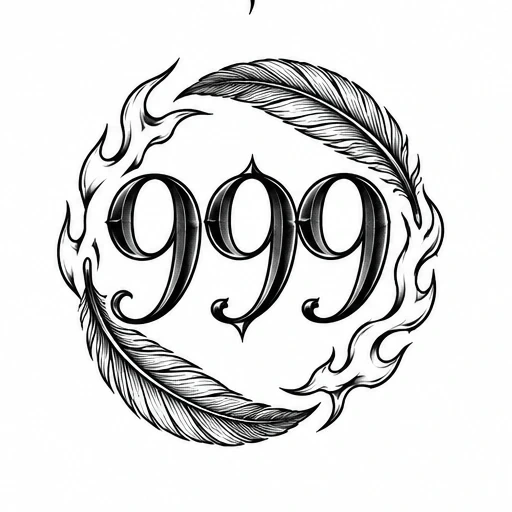 Number 999 tattoo design with two feathers and flames forming a circle around the digits