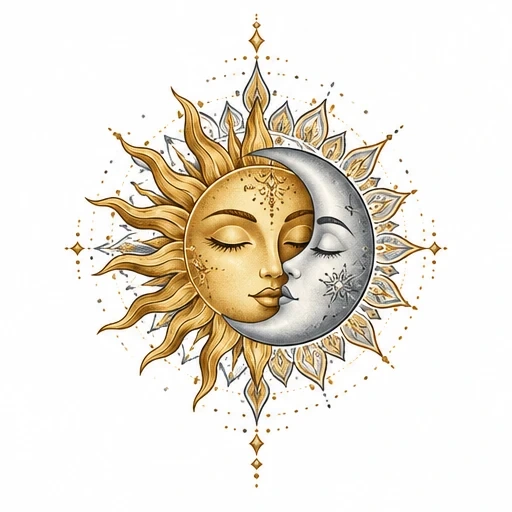Tattoo design showing golden sun and silver crescent moon with peaceful faces touching, framed by decorative mandala.