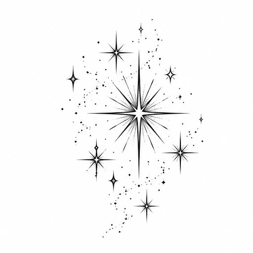 Black fine-line clustered star tattoo design with various sizes and radiating points