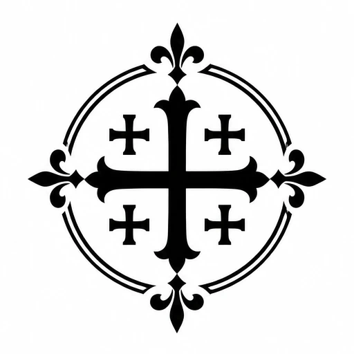 Black Jerusalem cross tattoo design with four smaller crosses and decorative fleur-de-lis circular frame