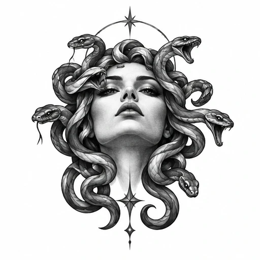 Black and gray Medusa tattoo with realistic woman's face and snakes for hair with star accents