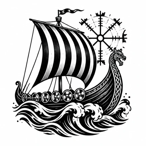 Black and white Viking longship tattoo with dragon head prow, striped sail, round shields, ocean waves, and Norse Helm of Awe symbol behind