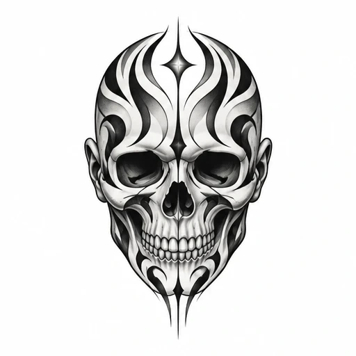 Black and gray tribal skull tattoo design with symmetrical flame patterns and a star on forehead