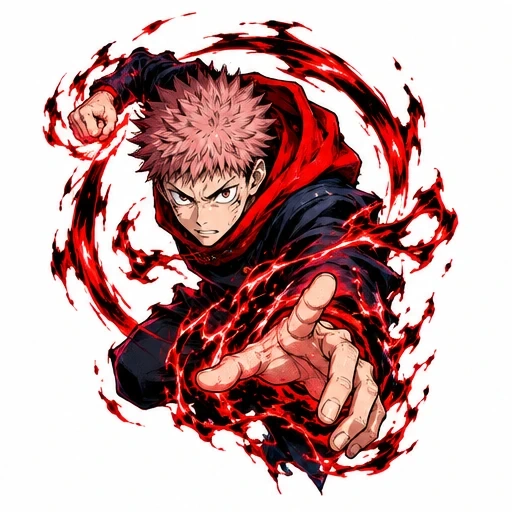 Jujutsu Kaisen character with pink hair surrounded by red flames reaching forward