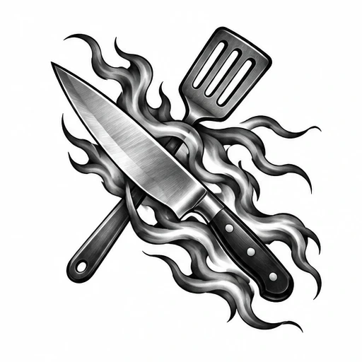 Realistic chef's knife crossed with slotted spatula surrounded by stylized flames in black and gray shading