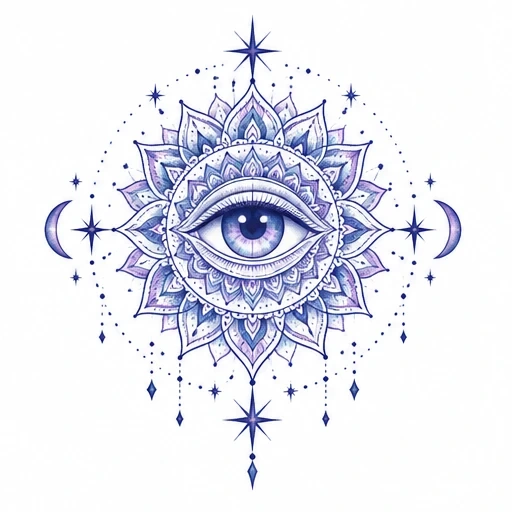 Third eye mandala design with purple eye, lotus petals, crescent moons, and hanging stars in purple and blue tones
