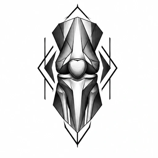 Geometric black and gray abstract knee joint tattoo design with angular shapes and symmetrical framing lines.