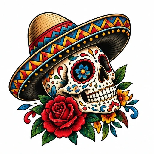 Colorful sugar skull tattoo wearing a decorated sombrero with red and yellow flowers and green leaves.