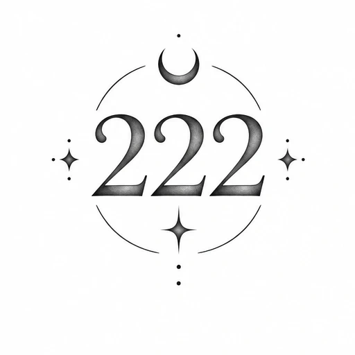 Black and gray tattoo design featuring the number 222 with crescent moon and stars arranged symmetrically
