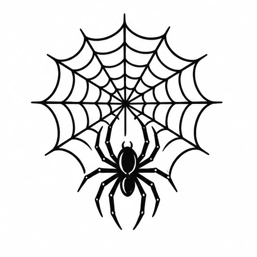 Black spider on symmetrical spider web design in black ink with white dot accents
