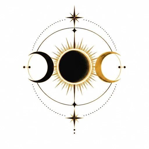 Geometric tattoo design of three lunar phases with sun-like rays and star accents in black and gold.
