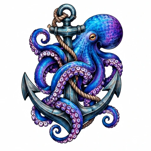 Blue and purple octopus with detailed tentacles wrapped around a silver anchor with brown rope