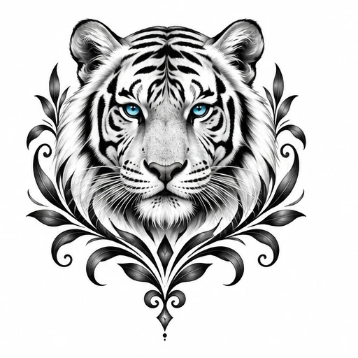 White tiger head tattoo with blue eyes and symmetrical decorative black leafy scrolls framing below