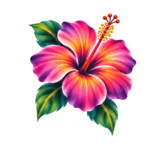 Airbrushed vibrant hibiscus flower with green leaves on white background