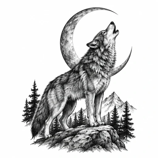 Black and gray tattoo design of a lone wolf howling on rocks with crescent moon, pine trees, and mountains in the background.