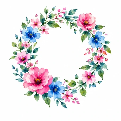 Watercolor floral wreath of pink and blue flowers with green leaves arranged in a circle