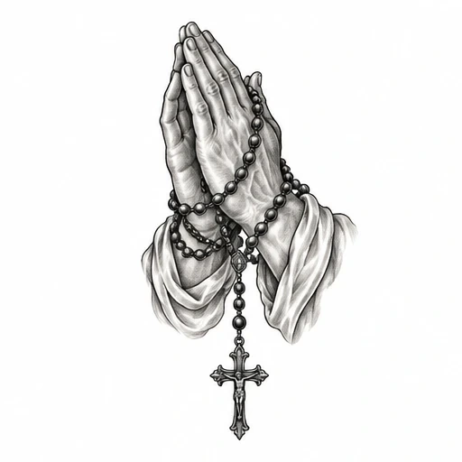Detailed tattoo design of praying hands holding a rosary with a crucifix, wearing flowing sleeves
