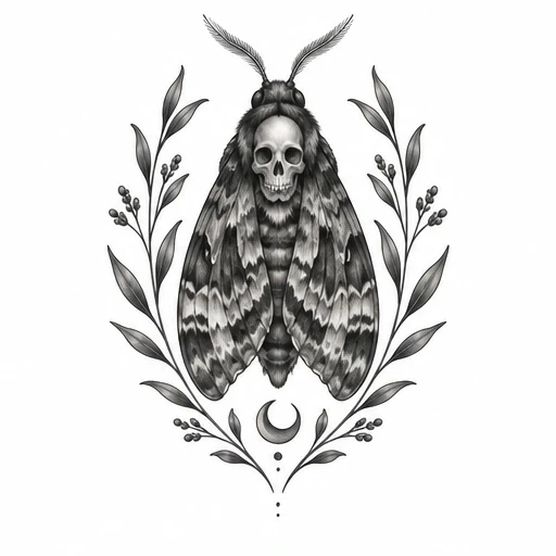 Black and gray death's-head moth with skull and botanical elements including leaves, berries, and crescent moon