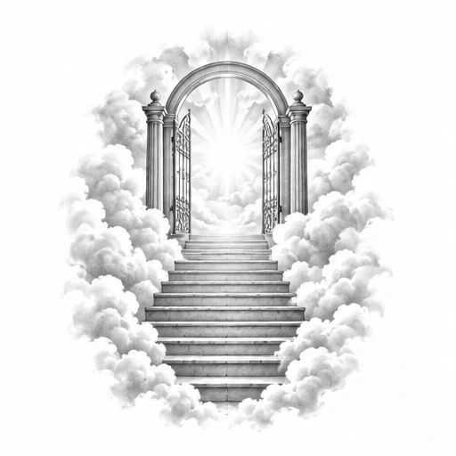 Stairway through clouds leading to an open arched gate with radiant light beyond