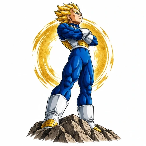 Vegeta in Super Saiyan form standing on rocks with arms crossed and golden aura behind