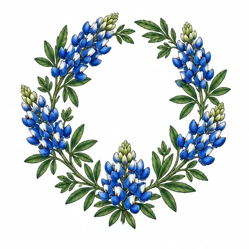 Bluebonnet flowers and green leaves arranged in a circular wreath tattoo design