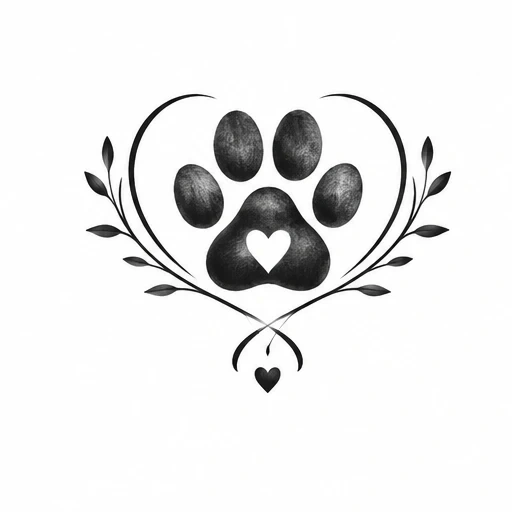 Black paw print with heart cutout inside, framed by heart-shaped leafy branches and a small heart below