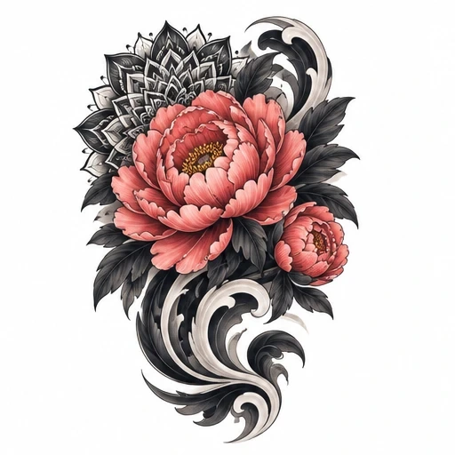Tattoo design of pink peony flowers with black and gray ornamental swirls and geometric mandala petals