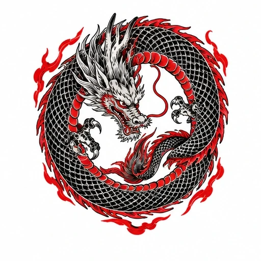 Circular black-scaled dragon with white mane and red flames in Kiryu tattoo style