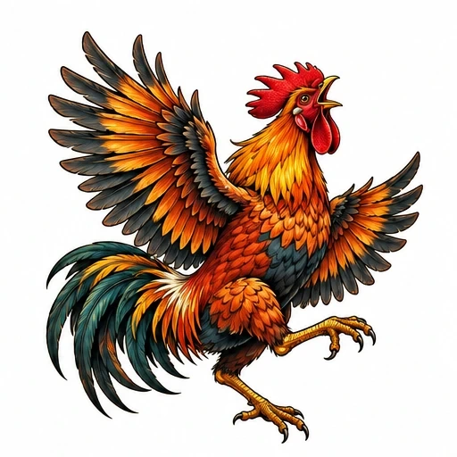 Illustration of a colorful rooster crowing with wings spread wide