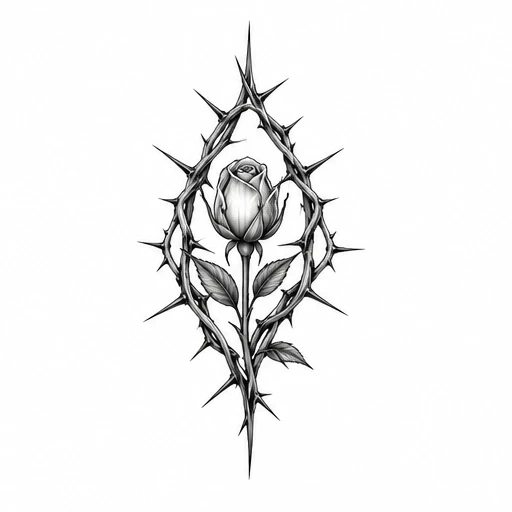 Black and gray tattoo design of a single rose surrounded by an oval frame of thorns