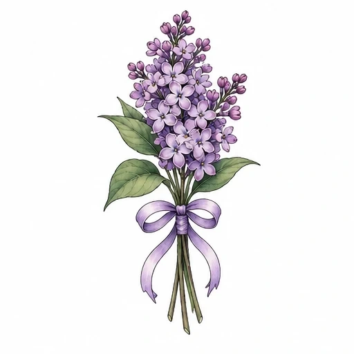 Illustration of a lilac flower bouquet tied with a lavender ribbon bow