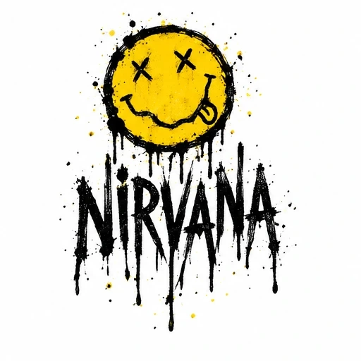 Yellow Nirvana smiley face with crossed-out eyes and tongue out, black ink drips and splatters, 'NIRVANA' text dripping below