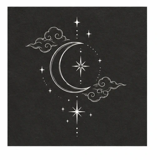 White crescent moon with clouds and stars tattoo design on black background