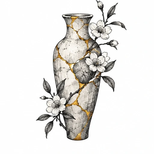 Tattoo design of a marble-textured vase with gold cracks and cherry blossoms wrapped around it