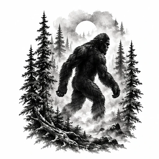 Black and white tattoo of Bigfoot walking in a misty pine forest with moon in the background