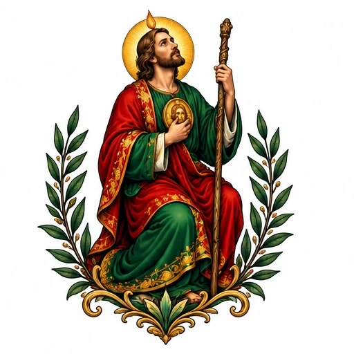 Saint with halo and staff surrounded by olive branches, holding medallion with face