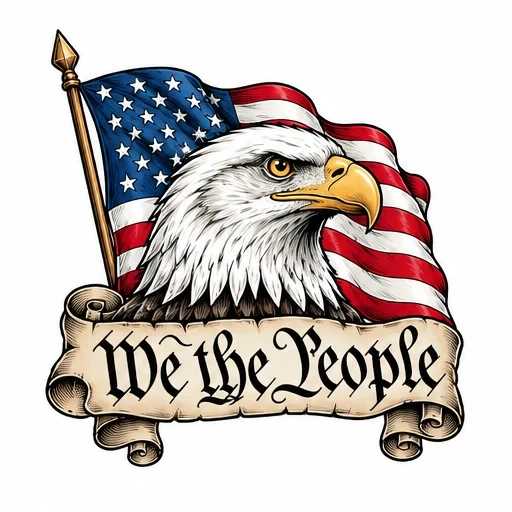 Illustration of a bald eagle in front of an American flag with a scroll banner saying 'We the People'