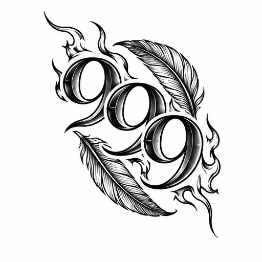Black ink tattoo design of the number 999, surrounded by flames and two detailed feathers
