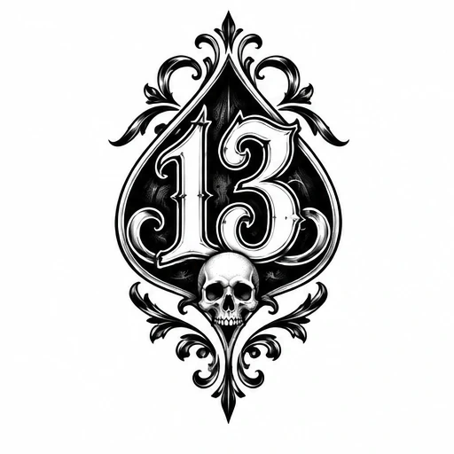Black and white tattoo design of number 13 inside a spade with decorative flourishes and a skull at the bottom