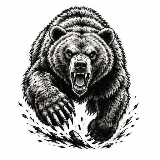 Black and gray tattoo design of an aggressive bear charging forward with open mouth and extended claws