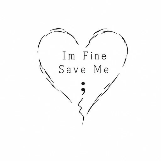 Minimalist broken heart outline with text 'Im Fine Save Me' and a semicolon.