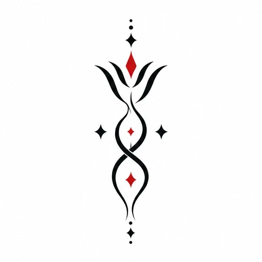 Minimalist abstract floral tattoo with black swirling lines and red diamond accents