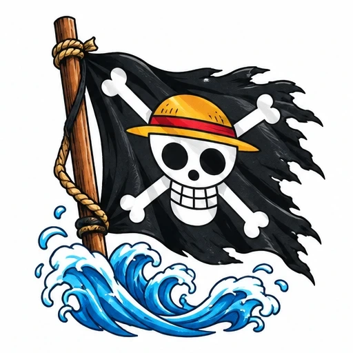 One Piece Straw Hat Pirate flag with skull and crossbones cartoon atop wooden pole surrounded by blue ocean waves
