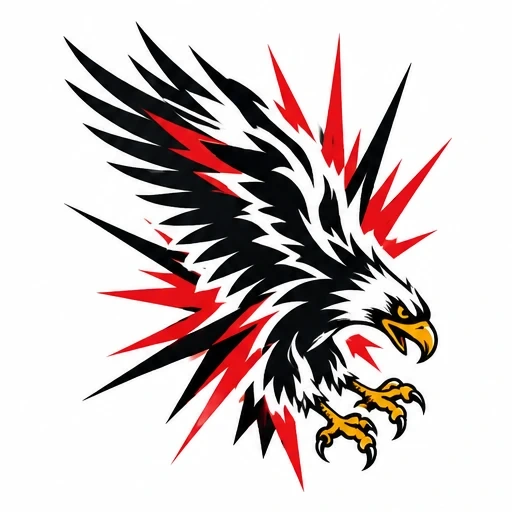 Tattoo design of a flying eagle with black and white feathers, yellow claws, and red spikes radiating outward.