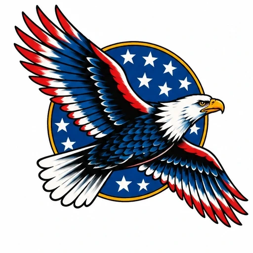 American eagle flying with wings in red, white, and blue over a blue circle with white stars