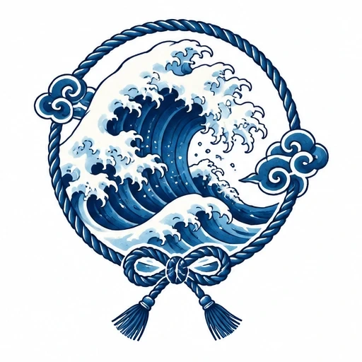 Japanese-style blue and white large wave encircled by rope with knot and tassels, flanked by stylized clouds
